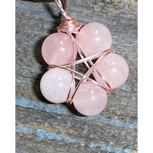 Rose Quartz beads rose gold copper wire wrapped pentagram necklace